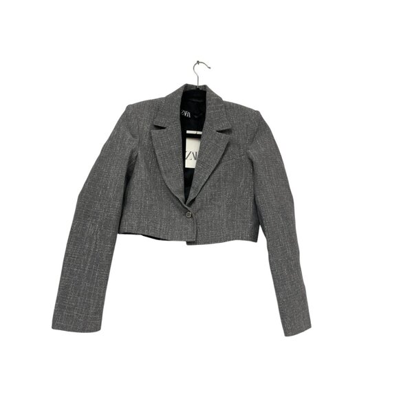 Zara Womens Cropped Blazer Suit Jacket XS Gray Metallic thread 9062/154 NWT - Picture 2 of 16